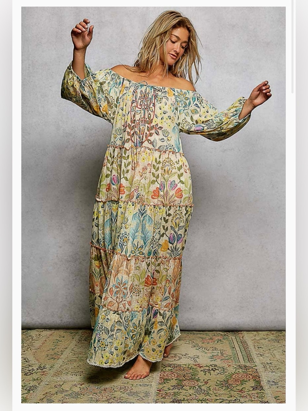 POL Off-Shoulder Floral Tiered Maxi Dress in Multicolor